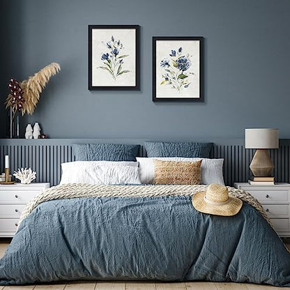 Set of 2 Navy Blue Watercolor Floral Canvas Wall Art 12x16 Inch Black Frame - color: Watercolor Flower Black Frame