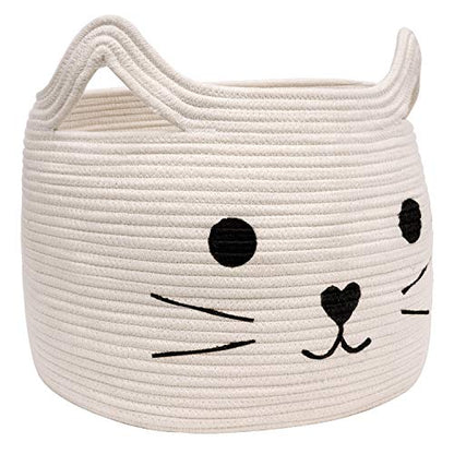 Large Woven Rope Cat Toy Basket with Cat Face Design, White - color: White, size: 15.7"W x 11.8"H