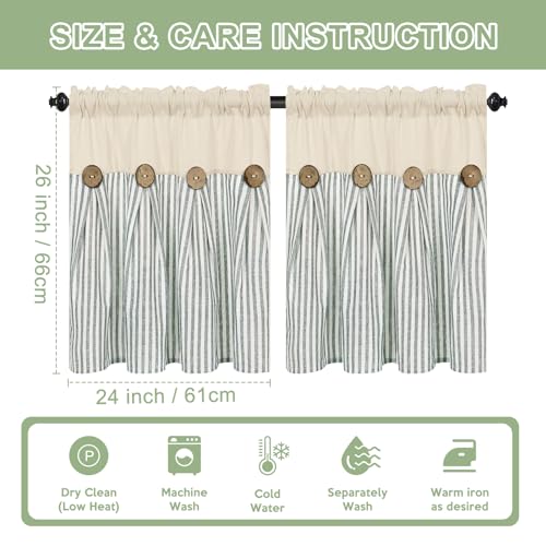 ASPMIZ Farmhouse Kitchen Curtains 24 Inch Length, Green Stripe, 2 Panels - color: Beige&green, size: 26"W x 24"L (Pack of 2)