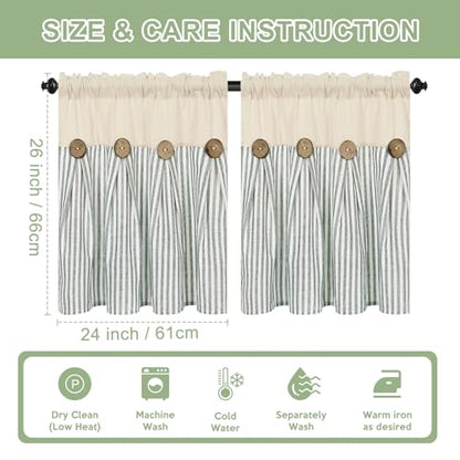 ASPMIZ Farmhouse Kitchen Curtains 24 Inch Length, Green Stripe, 2 Panels - color: Beige&green, size: 26"W x 24"L (Pack of 2)