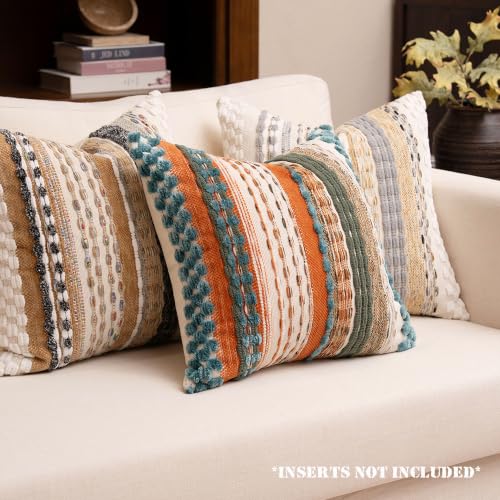 Boho Chenille Tufted Throw Pillow Covers 18x18 Inch Set of 2 Farmhouse Rust Teal Woven Striped Decorative Pillowcases for Couch Sofa Bed - color: Rust Teal