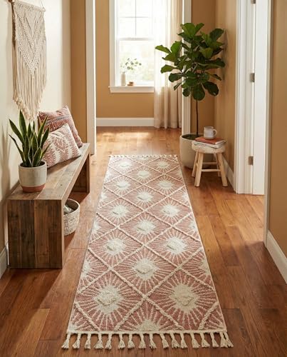 Rugs.com - Boho Rug – 12 Ft Runner Pink Easy-Clean Textured Runner Rug – Modern Bohemian Style for Hallways, Entryways, and Bedside - color: Pink, size: 2'7" x 12' (Runner)