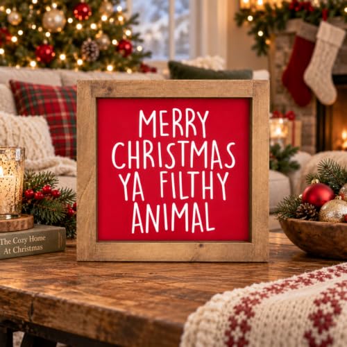 Merry Christmas Ya Filthy Animal Sign, Wooden Table & Wall Decor - color: red-4