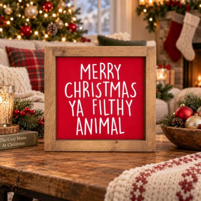 Merry Christmas Ya Filthy Animal Sign, Wooden Table & Wall Decor - color: red-4