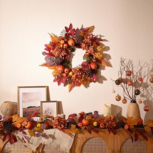 DecorbyHannah 6ft Fall Garland for Mantle with Lights & Leaves Pomegranate