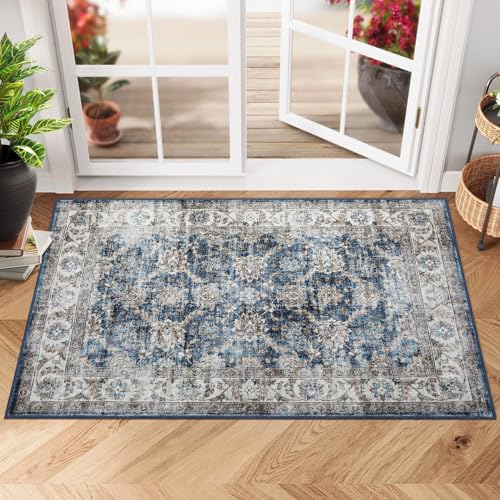 GarveeHome Vintage Rug 2x3 Floral Print Area Rug for Living Room Washable Non Slip Farmhouse Distressed Indoor Doormat Carpet Foldable Low Pile Soft Accent Throw Rug for Bedroom Home Nursery, Blue - color: Blue, size: 2' x 3' (Rectangular)