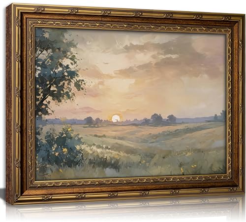 Vintage Gold Framed Wall Art Retro Fall Sunset Country Oil Painting Canvas Prints Watercolor Autumn Landscape Picture Rustic Farmhouse Soft Nature Poster Artwork for Living Room Bedroom, 9x11in - color: Autumn Landscape, size: 11"L x 9"W