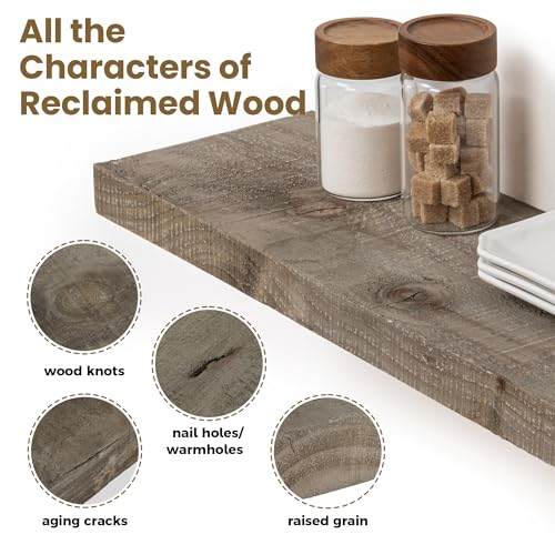 FLYJOE Solid Reclaimed Wood Floating Shelf 48inches Width and 8 inches Depth, Rustic Reclaimed Barnwood Wall Hanging Shelves with Invisible Heavy-Duty Metal Bracket，Cement Grey - color: Distressed Grey, size: 48inches-1P