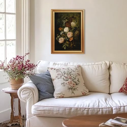 EJPFOGV Baroque Dark Background Floral Framed Canvas Wall Art 12x16 inches - color: Flowers, size: 16"L x 12"W
