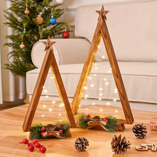 2 Pcs Triangle Tabletop Wooden Christmas Tree with Lights, Modern Farmhouse Rustic Christmas Decor, Small Lighted Xmas Tree for Kitchen Mantle Shelf Living Room(14.2" Large / 11" Small)