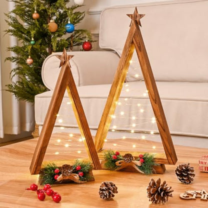 2 Pcs Triangle Tabletop Wooden Christmas Tree with Lights, Modern Farmhouse Rustic Christmas Decor, Small Lighted Xmas Tree for Kitchen Mantle Shelf Living Room(14.2" Large / 11" Small)