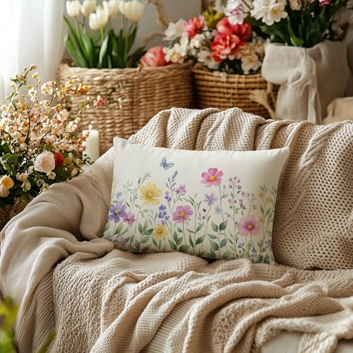 AACORS Spring Pillow Cover 12X20 Set of 2,Flower Butterfly Decorations Farmhouse Seasonal Summer Pillow Case Decor for Sofa Couch AA056-12-2 - size: 20" x 12" (Pack of 2)