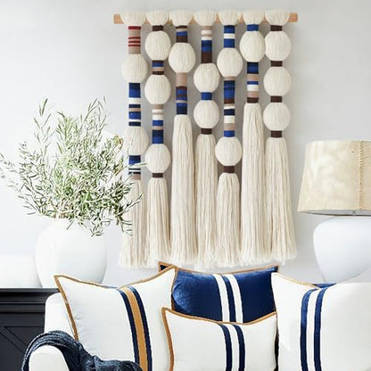 Macrame Wall Hanging Blue Handmade Yarn with Ball Tassels 15.7" Wx 21.6" L - color: Blue