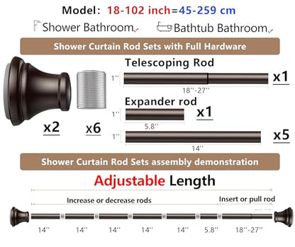 Oil Rubbed Bronze Tension Shower Curtain Rod – Adjustable 18-102 Inches, Fits 20-101 Inch Spaces, No Drill Rust Resistant Spring Rod for Bathroom, Kitchen, Bedroom, Balcony - color: Bronze, size: 18-102 inch