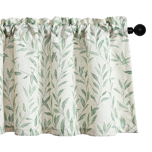 VOGOL Country Style Kitchen Valances for Windows, Green Leaf Pattern Rod Pocket Curtain for French Door, 1 Panel Light Filtering Decorative Farmhouse Valance, W 42 x L 18 - color: Green, size: 42"W x 18"L (Pack of 1)