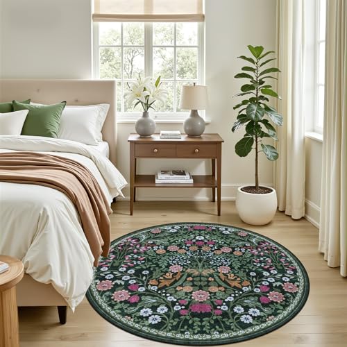 PLHXFR Round Area Rug Living Room: 4 ft Floral Washable Carpet Dark Green - color: Dark Green, size: 4' (Round)