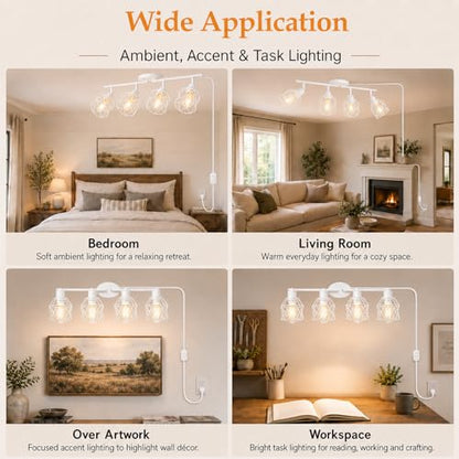 Dimmable Plug in Ceiling Light,Plug in Track Lighting,4 Light White Industrial Farmhouse Ceiling Light with 16.5' Cord,Adjustable Rotatable Cage Lamp Heads,E26 Base(Bulbs Not Included) - color: 4 Light White