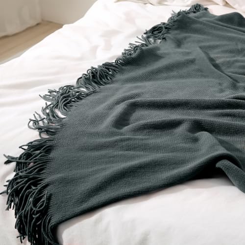 Homiest Charcoal Grey Knitted Throw Blanket with Fringe, 50x60 Inch - color: Charcoal Grey, size: 50" x 60"
