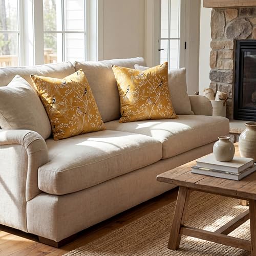 Decorative Velvet Pillow Covers 18x18 Set of 2, Bird Leaf Print Covers - color: Ochre