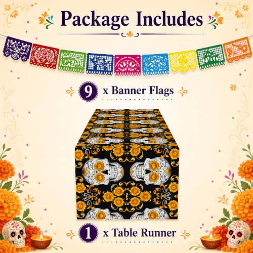 Dia De Los Muertos Decorations - Sugar Skull Table Runner with Banner - color: Dia De Los Muertos