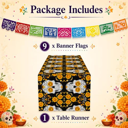 Dia De Los Muertos Decorations - Sugar Skull Table Runner with Banner - color: Dia De Los Muertos
