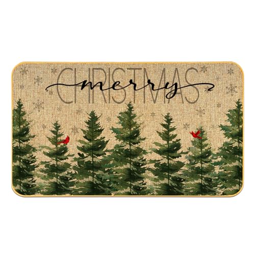 Christmas Tree Doormat, Snowflakes Door Mat, Merry Christmas Welcome Mat, Pine Trees Door Mats, Xmas Pine Decor Low-Profile Floor Mat for Home Entryway Patio Yard Decor, 17x29 Inch, Green - color: Green Christmas Tree