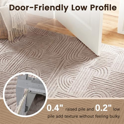 Etwel 6.5 ft Taupe Geometric Textured High-Low Pile Washable Round Rug - color: Neutral Taupe, size: 6'5"