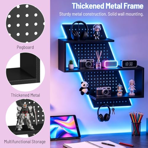 S-Shaped Gaming Floating Shelf with LED Light Strip, 3 Tier Wall Floating Shelf with Pegboard & 4 Removable Hooks, for Bedroom, Game Room, Living Room, Study, Black 999BKSDBJ180 - color: Black