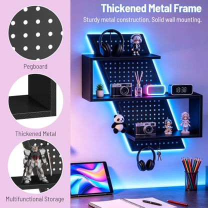 S-Shaped Gaming Floating Shelf with LED Light Strip, 3 Tier Wall Floating Shelf with Pegboard & 4 Removable Hooks, for Bedroom, Game Room, Living Room, Study, Black 999BKSDBJ180 - color: Black