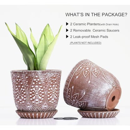Gepege Ceramic Plant Pots, 6 Inch Indoor Planters with Drainage & Saucers - color: Clay+white, size: 6 Inch - Set of 2