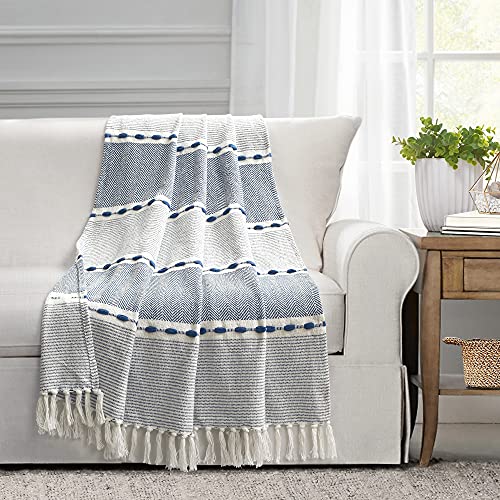 Lush Decor Herringbone Stripe Woven Tassel Yarn Dyed Cotton Tassel Throw Blanket 50" W x 60" L Navy & White - Striped Throw Blankets - Blue Couch Blanket - color: Herringbone Stripe Navy