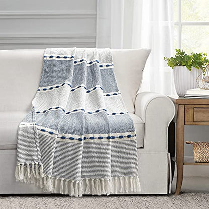 Lush Decor Herringbone Stripe Woven Tassel Yarn Dyed Cotton Tassel Throw Blanket 50" W x 60" L Navy & White - Striped Throw Blankets - Blue Couch Blanket - color: Herringbone Stripe Navy