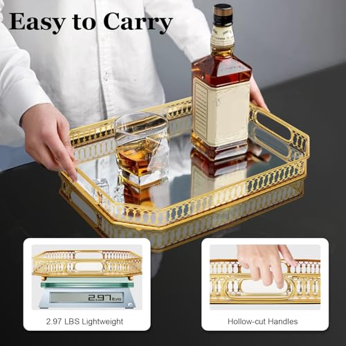 Serving Tray, Gold Perfume Tray 13.8"x9.6" Mirrored Vanity Tray Glass Metal Trinket Storage Tray Decorative Jewelry Tray for Dresser Bathroom Countertop (Rectangular) - size: 13.8" x 9.8" x 2"