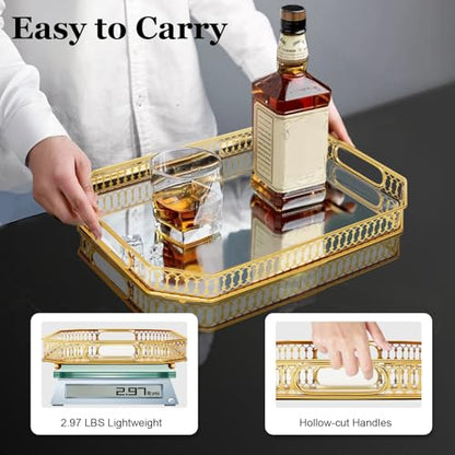 Serving Tray, Gold Perfume Tray 13.8"x9.6" Mirrored Vanity Tray Glass Metal Trinket Storage Tray Decorative Jewelry Tray for Dresser Bathroom Countertop (Rectangular) - size: 13.8" x 9.8" x 2"