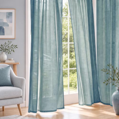 Mist Blue Sheer Linen Curtains for Living Room Bedroom 96 Inches Long - color: Mist Blue, size: 52"W x 96"L (Pack of 2)