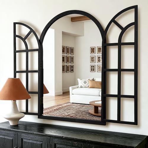 Arched Wood Mirror for Wall, 26" x 38" Rustic Farmhouse Mirror, Black - size: 38"L x 26"W