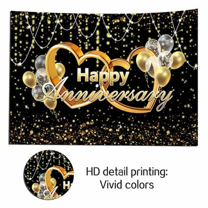 Happy Anniversary Backdrop Black and Gold Balloons Photography Background Poster for Wedding Anniversary Party Birthday Party Decorations Banner 9x6ft - size: 9x6FT(270x180cm)