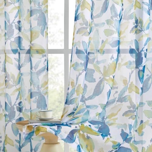 Farmhouse Sheer Curtains 84 Inch Length for Living Room 2 Panels - color: Leaf | Blue, size: 50"W x 84"L (Pack of 2)