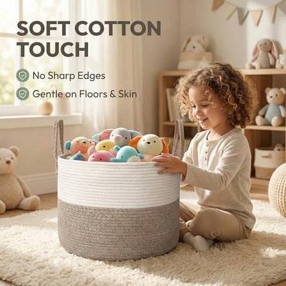 JMvicyroam 65L Extra Large Machine Washable Cotton Rope Blanket Basket - color: White&Brown, size: 65L