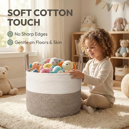 JMvicyroam 115L Extra Large Machine Washable Cotton Rope Blanket Basket - color: White&Brown, size: 115L