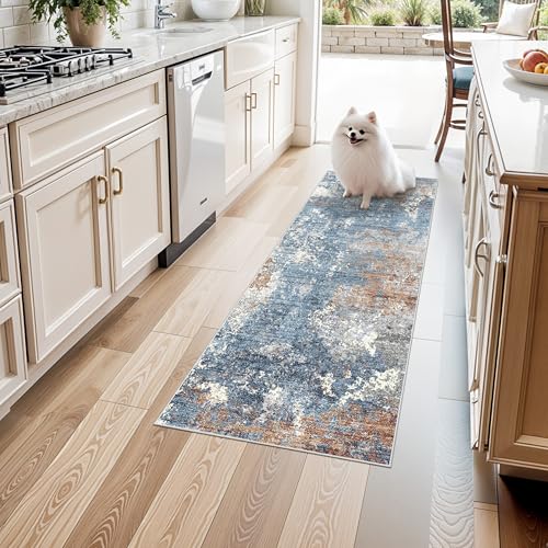 2x5 Washable Kitchen Rug Runner – Non-Slip Abstract Modern Neutral Small Rug for Bathroom, Hallway, Bedroom, Laundry Room, Entryway – Soft Low-Pile Thin with Rubber Backing (Blue Rust, 2x5) - color: Blue Rust, size: 2' x 5' (Rectangular)