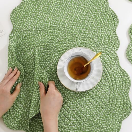 HOMBYS Quilted Placemats Set of 4 Washable Round Placemats for Kitchen Table-100% Cotton Fabric Round Table Mats, (Green with White Flower) - color: Green With White Flower