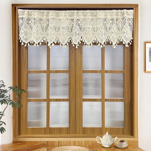 Rustic Crochet Curtains Valance for Kitchen Cotton Lace Curtains for Small Window Farmhouse Tassel Curtains for Coffee Decor Rod Pocket Hollow Sheer Curtain Tiers for Bath 1 Panel W35 X L15 Inch