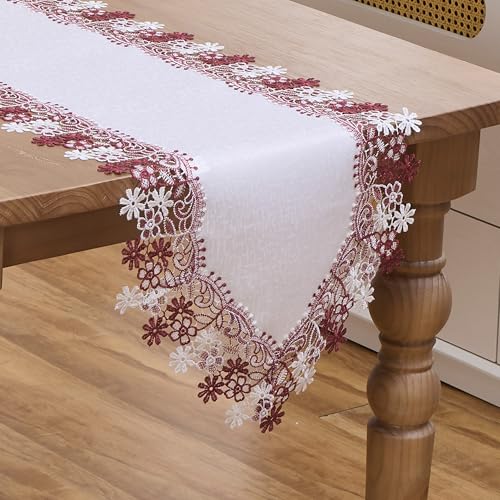 White Dark Red Floral Lace Table Runner Dresser Scarf (16” x36”) - size: 16” x36”