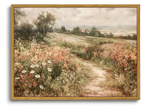 OIQArtOIQ Framed Canvas Wall Art,Vintage Decor,Landscape Nature Country Wildflower Paintings Farmhouse Pictures Modern Artwork Rustic Fall Flower Prints Cottagecore Office Living Room Bedroom Bathroom - color: Wildflower Path, size: 12x16 in