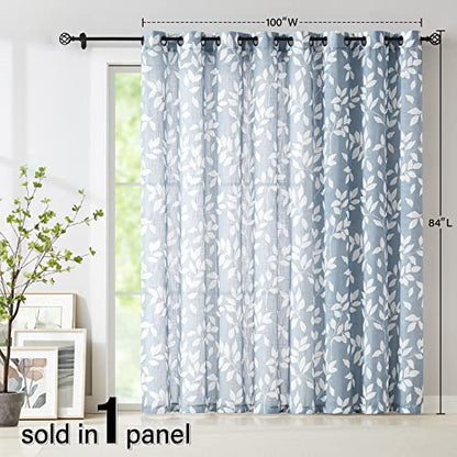 Blue White Sliding Door Curtains 100x84" Linen Leaf Drapes Living Room 1pc - color: Blue, size: 100"W x 84"L (Pack of 1)