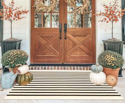 Washable Outdoor Rug 3'x5',Black and Beige Striped Area Rug - color: Beige Black, size: 3' x 5' (Rectangular)