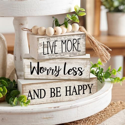 Moucuny 4 Pcs Inspirational Farmhouse Table Decor Rustic Stacked Wooden Block Sign - Live More Worry Less Be Happy Centerpieces Set with Beaded Tassel and Artificial Plant for Home, Office, Shelf Gift - style: Be Happy