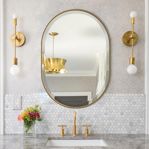 POZINO 30"x22" Brushed Gold Oval Beveled Bathroom Mirror for Over Sink - color: Gold Oval, size: 30"L x 22"W