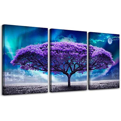 Lapremoly Canvas Wall Art For Living Room Boho Decor Bedroom Farmhouse Pictures Aurora Purple Tree Scenery Paintings Office Prints Dormitory Home Decorations 12'' X 16'' 3 Piece - color: Purple Tree Paintings, size: 16L" x 12W"